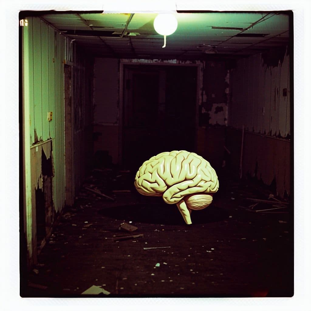 AI generated: grainy 80's photograph quality polaroid of a living brain caught in an abandoned house, dark