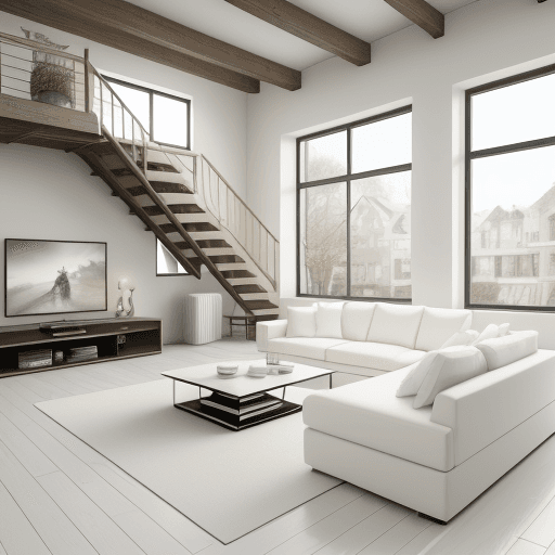 AI generated: front view, living room + loft, white + cream color tone, classic, 4k, --ar 9:16