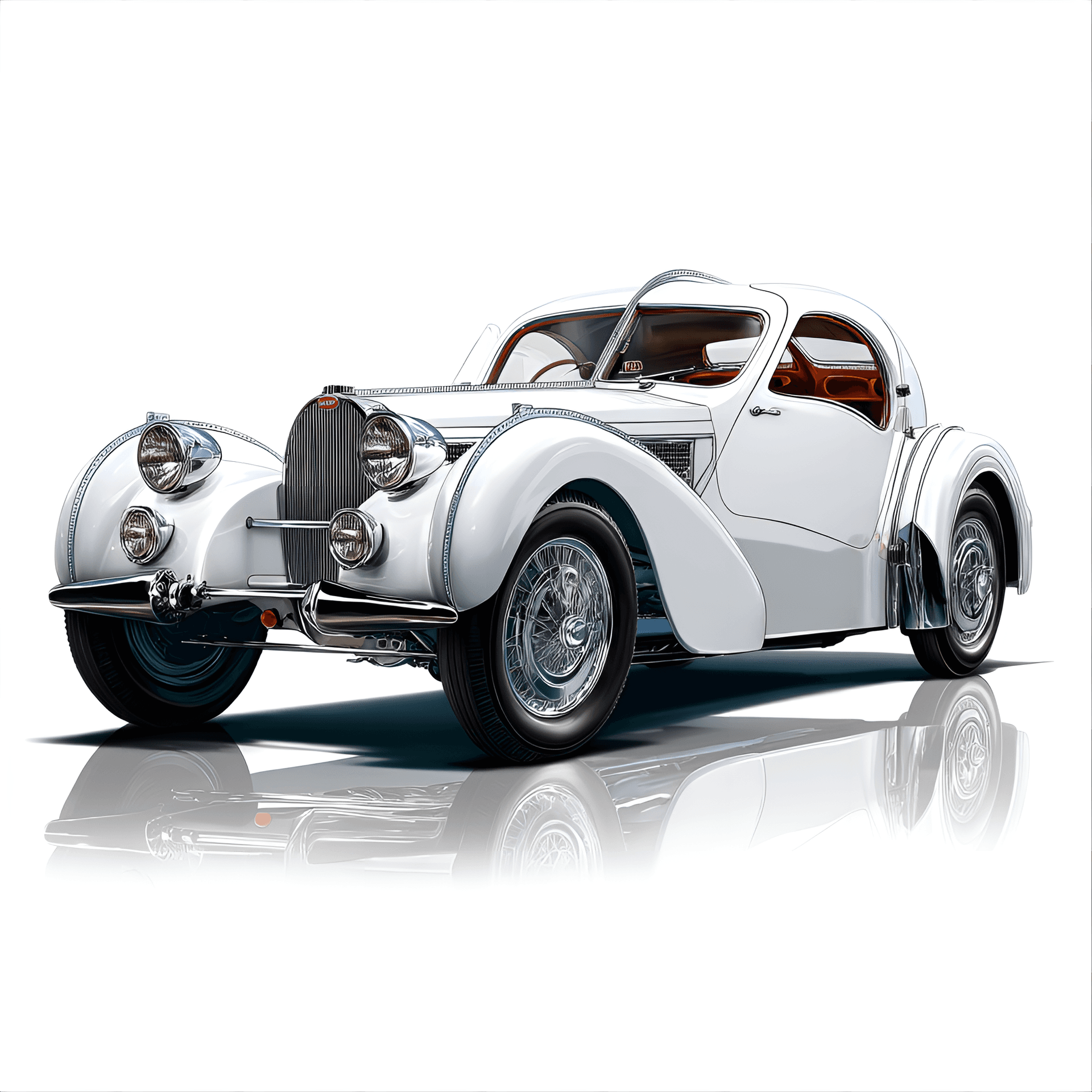 AI generated: classic 1938 Bugatti Type 57SC Atlantic, illustrated in a detailed clipart style, showcasing
its sw...