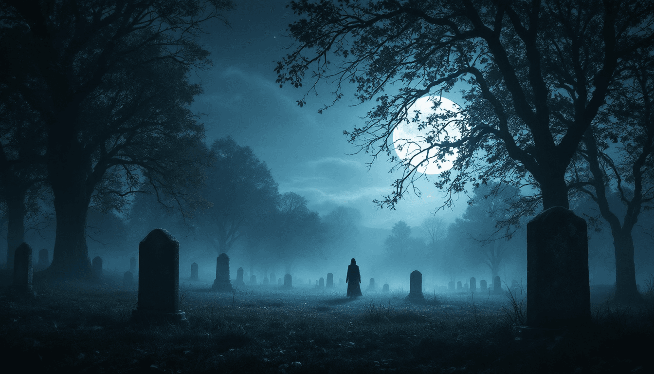 AI generated: In the moonlit graveyard, 'neath a silver sky
Shadows drift like whispers as the soft winds sigh
Tom...