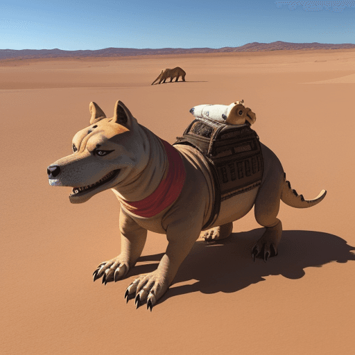 AI generated: un perro en el desierto ayudado por un dinosaurio