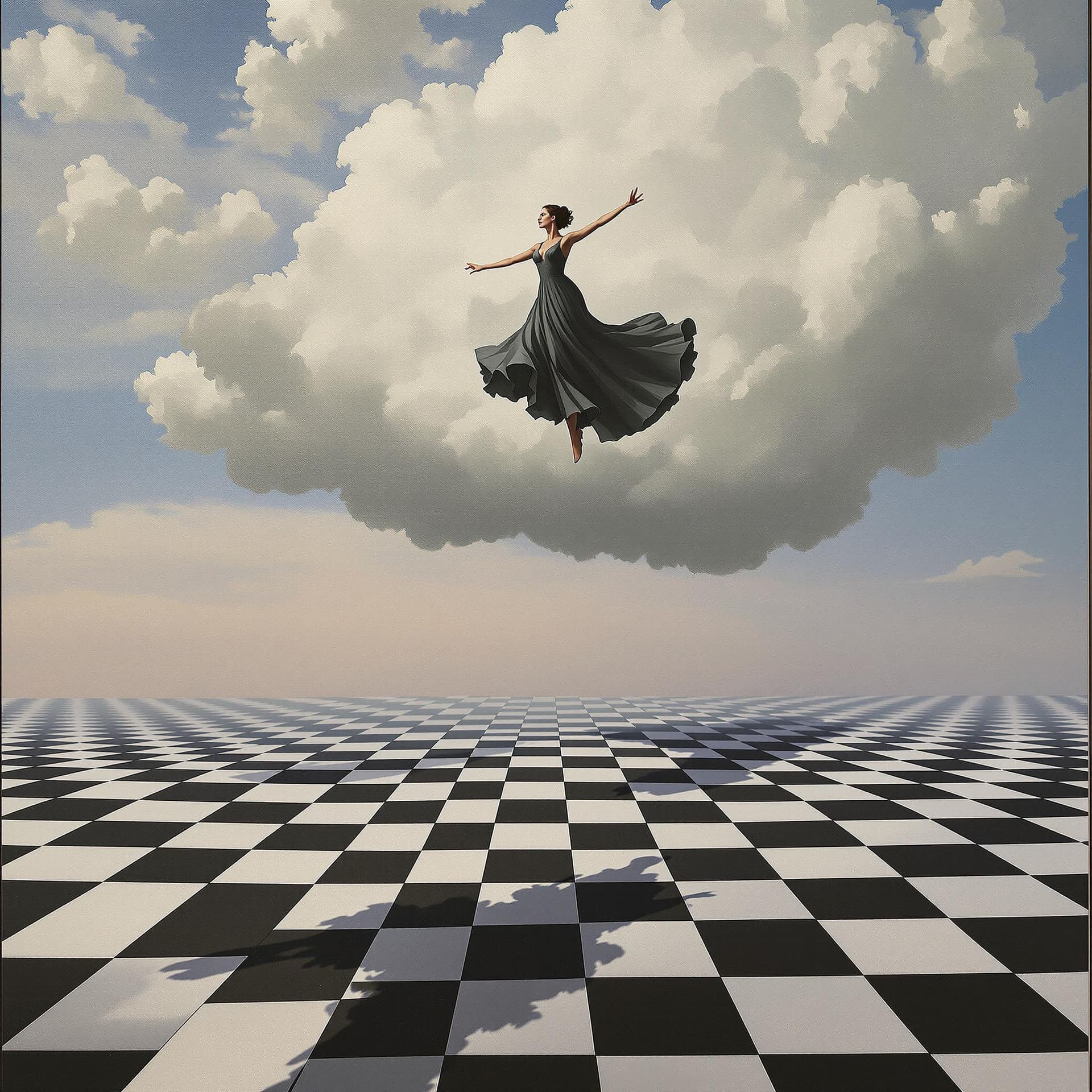 AI generated: A surrealist painting in the style of René Magritte shows awoman floating with the clouds across the...