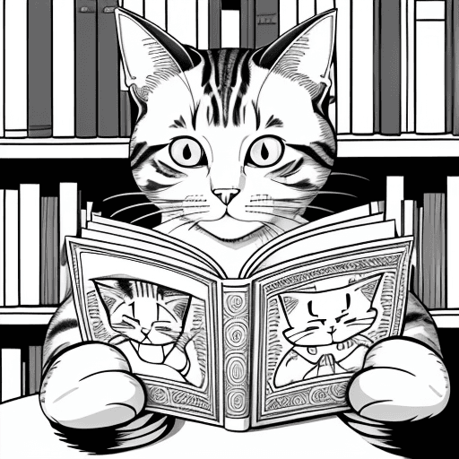 AI generated: happy cat reading a book in a library with other cats, black and white, simple vector lines, in the ...