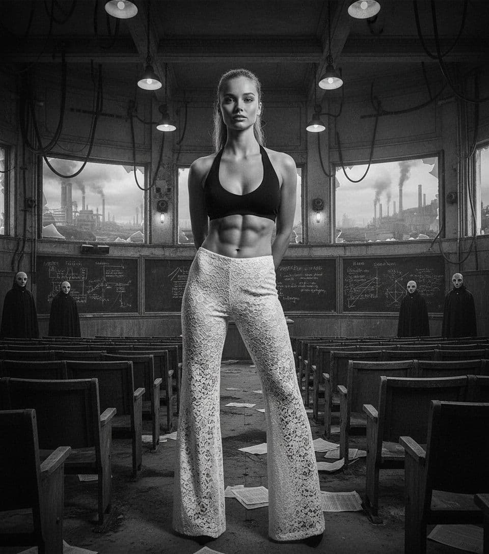 AI generated: dystopian style Black and white fashion photography of a young Norwegian-woman in her mid-twenties s...