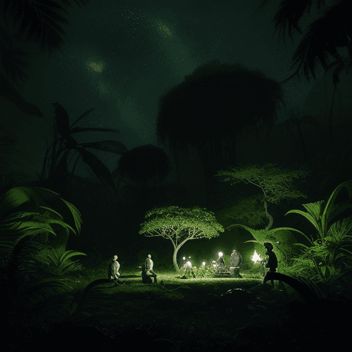 AI generated: Exploration campsite at night, with scientific explorers resting, and relaxing.in a jungle on an ali...