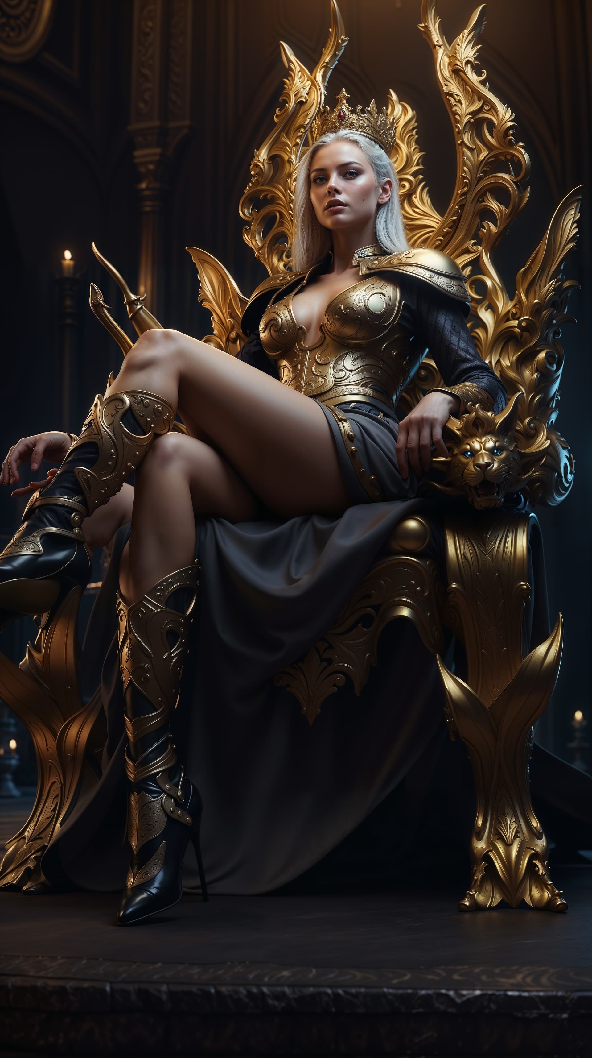 AI generated: A very beautiful queen sitting on a black throne made of gold, with a serpent-dragon like elements a...
