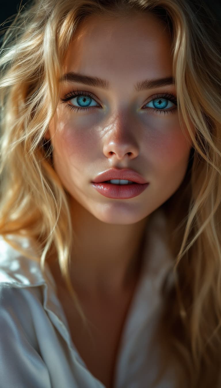 AI generated: "A hyper-realistic photograph capturing a 21-year-old honey blonde model with cascading, radiant lon...