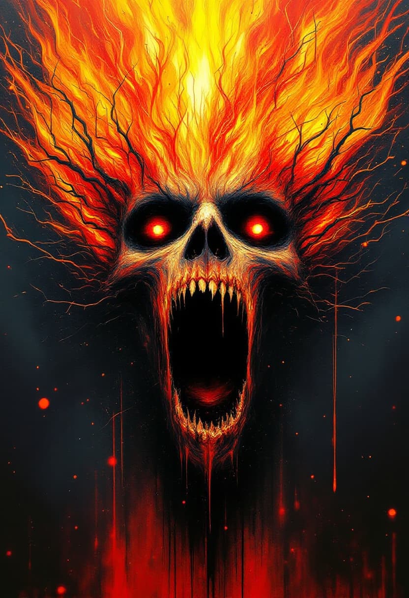 AI generated: Awe-inspiring painting of Awe-striking An enormous ifrit stands, its terrible flames contorting into...