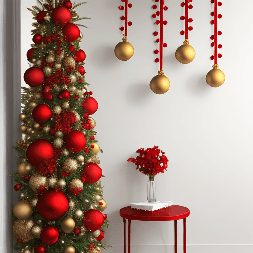 AI generated: Christmas red and gold balls on wall, white bacgroud,  