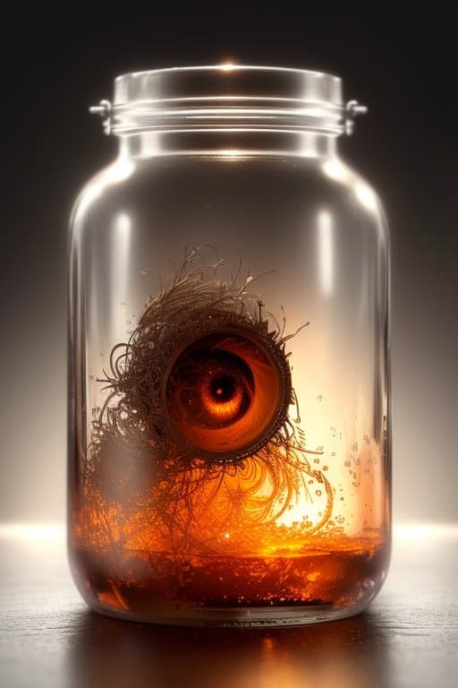 AI generated: human eye in a glass jar floating in liquid by greg rutkowski, intricate details, 8k uhd, photoreali...