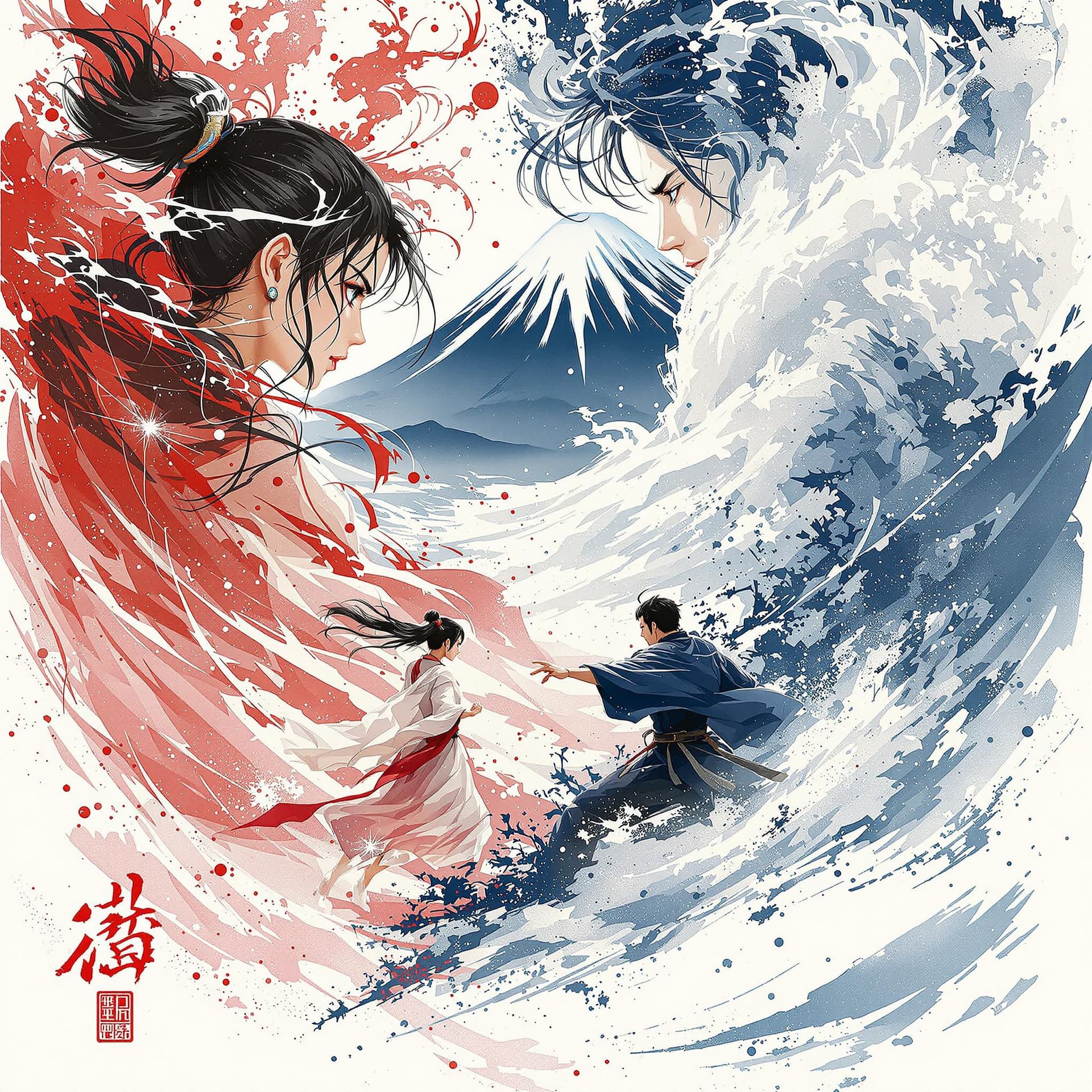 AI generated: Japanese art, martial arts movie poster, female and male characters in black, white, red, and blue, ...