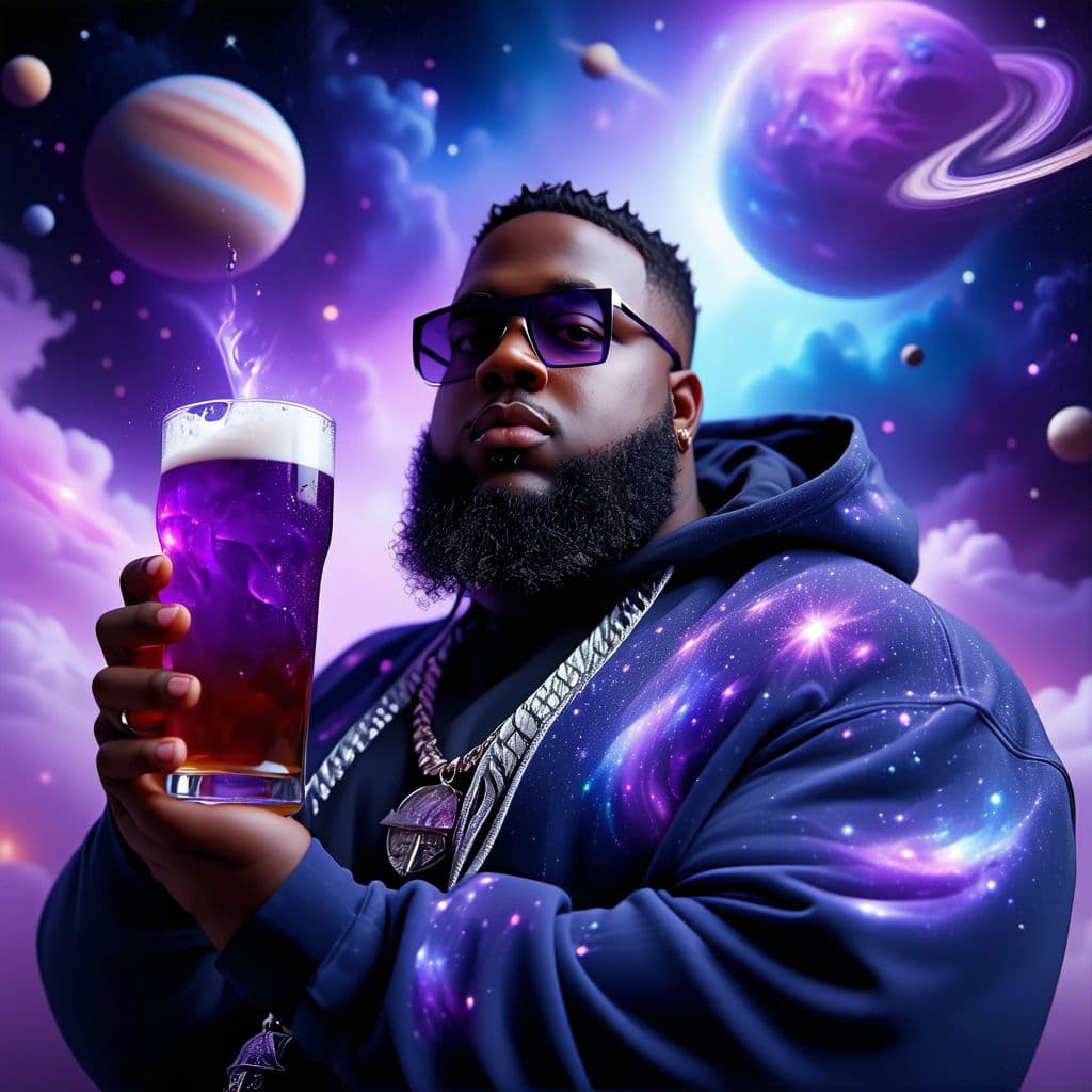 AI generated: Obese american rapper holding a pint full of purple liquid taking over the universe, heavenly imager...