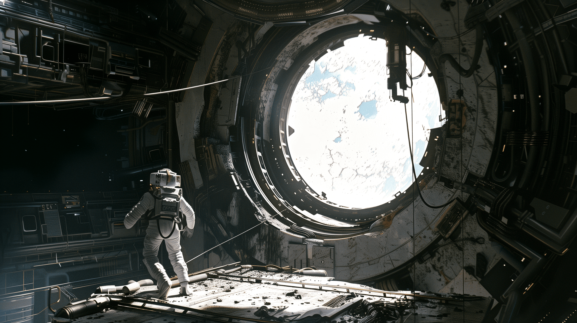 AI generated: In the center of an abandoned space station, there is a large circular opening leading to darkness a...