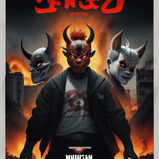 AI generated: Oni Mask Movie Poster, un intenso cartel de máscaras de oni, acompañado de la frase 'Ahora me he con...