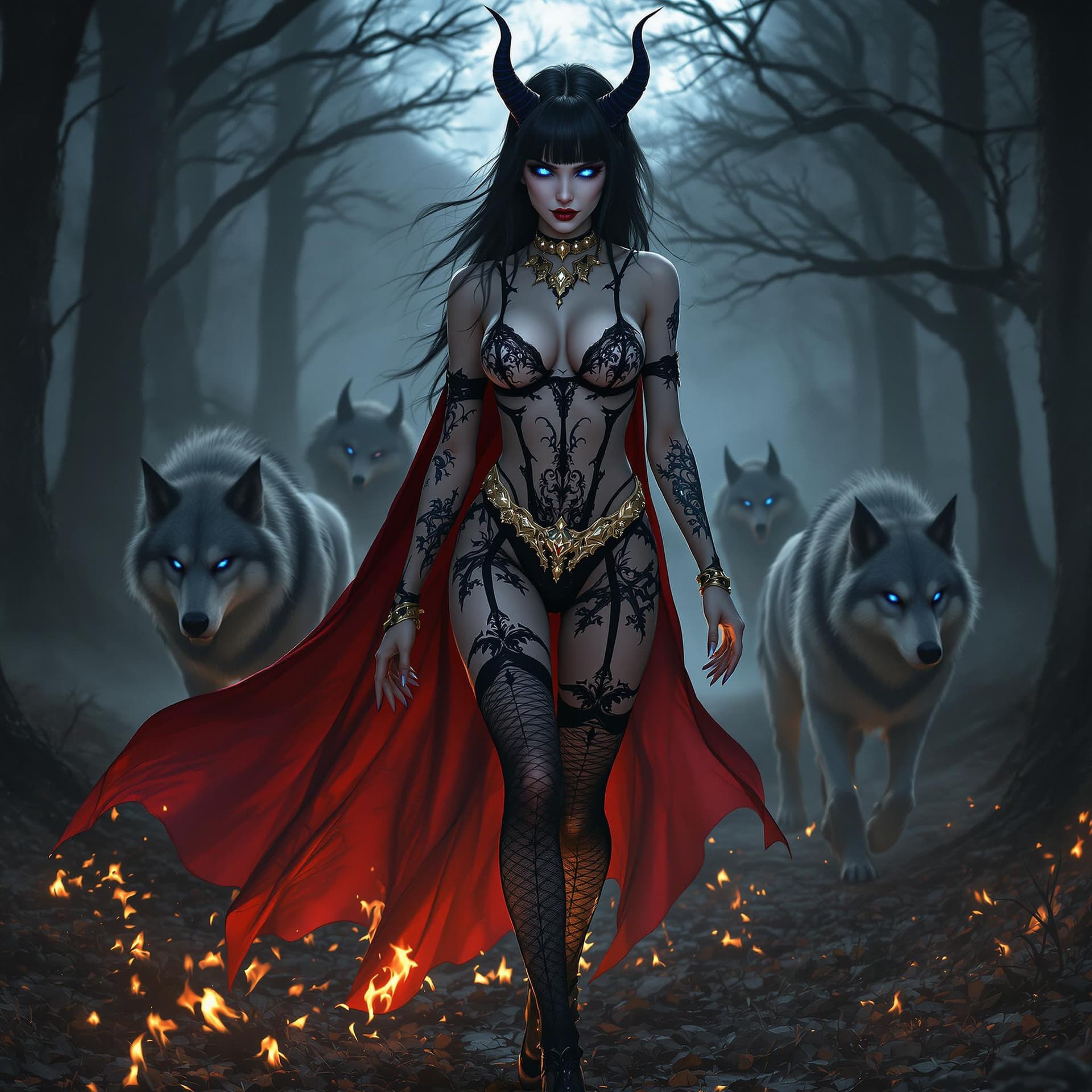 AI generated: HD Photo of a hyper realistic demon vampire women with pale translucent skin, glowing colorful arm t...