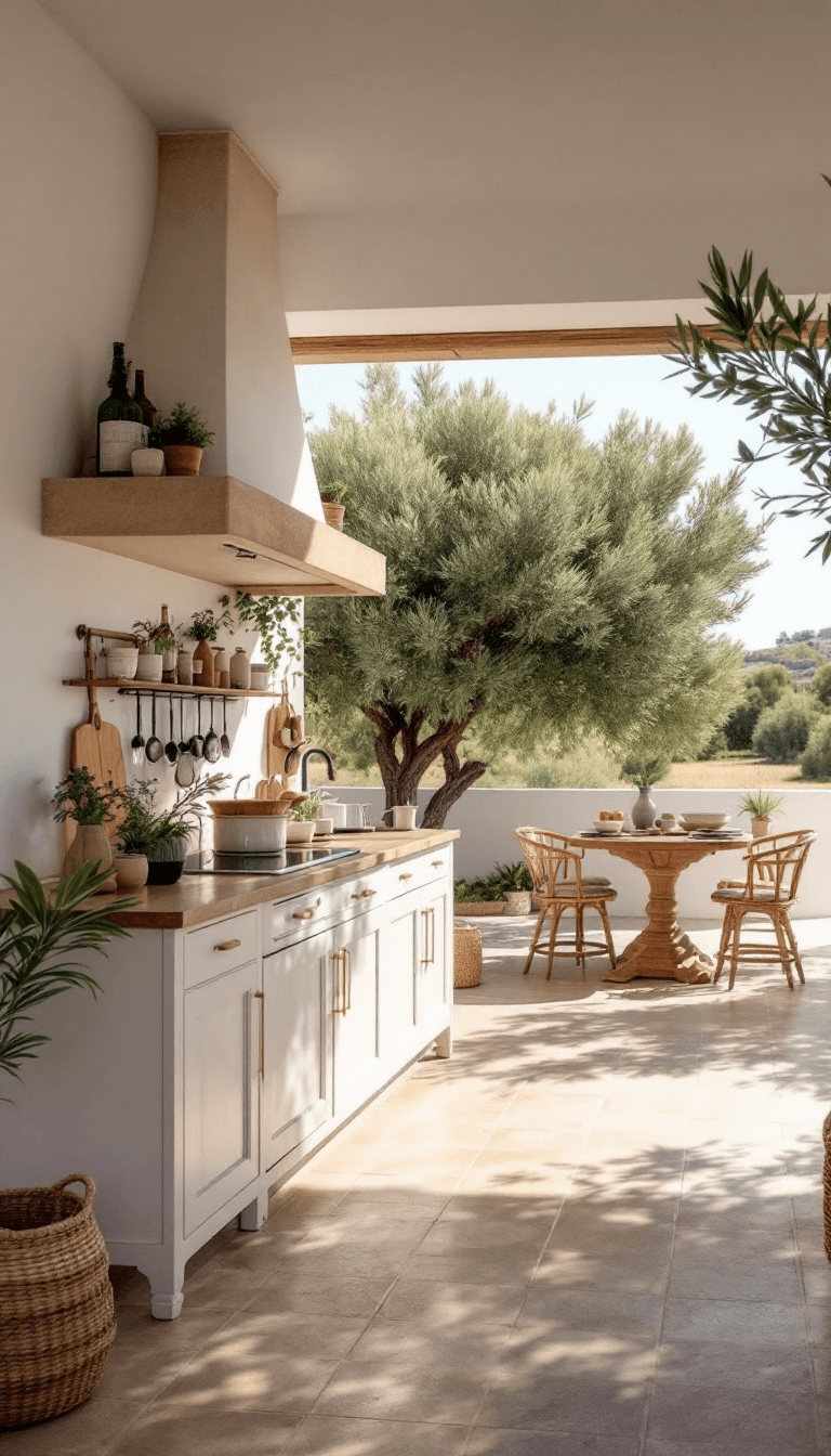 AI generated: photo of a gorgeous sunlit outdoor kitchen in Ibiza style, Spanish finca, Ibiza, big olive tree, sum...