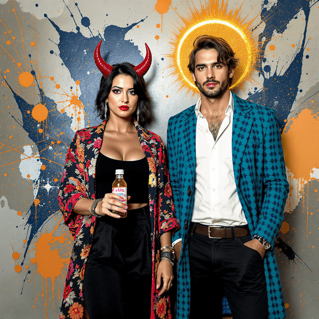 AI generated: A photo of a real man and woman standing side-by-side. Behind them is a wall with an abstract mix of...