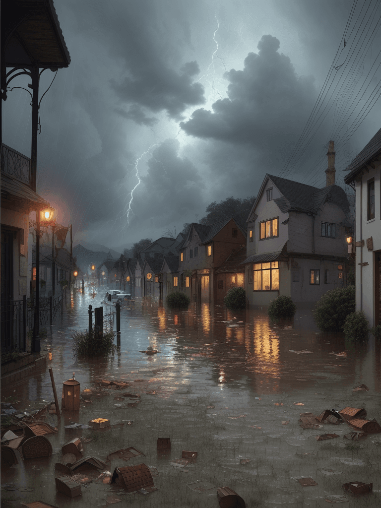 AI generated: A storm and flooding of a village corner,flood,
rain,
litter,intricate detail,masterpiece, handmade,...