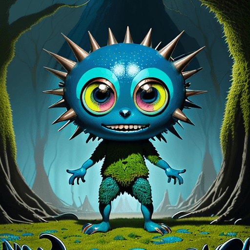 AI generated:  cartoon of a colorful creature, big eyes and big teeth, big feet, light bronze and blue schema, mos...
