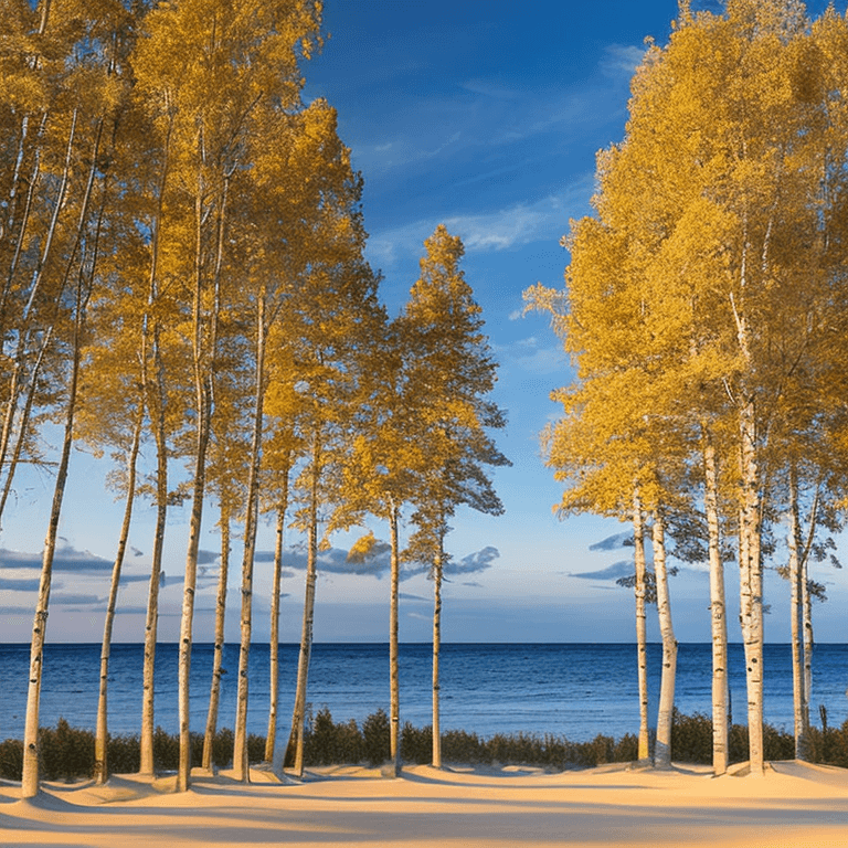 AI generated: oil on canvas,
sparse clouds in a soaring sky, 
birch trees, beach, 
beautiful setting, early evenin...