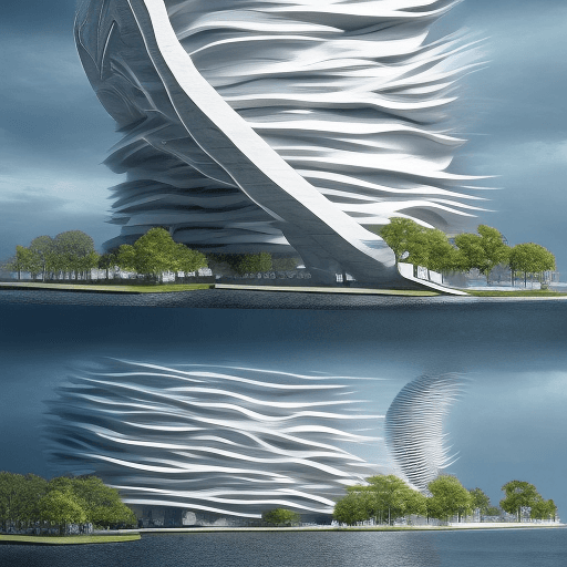 AI generated: futuristic building that deals with rising sea levels through design, flowing form, architecture ins...