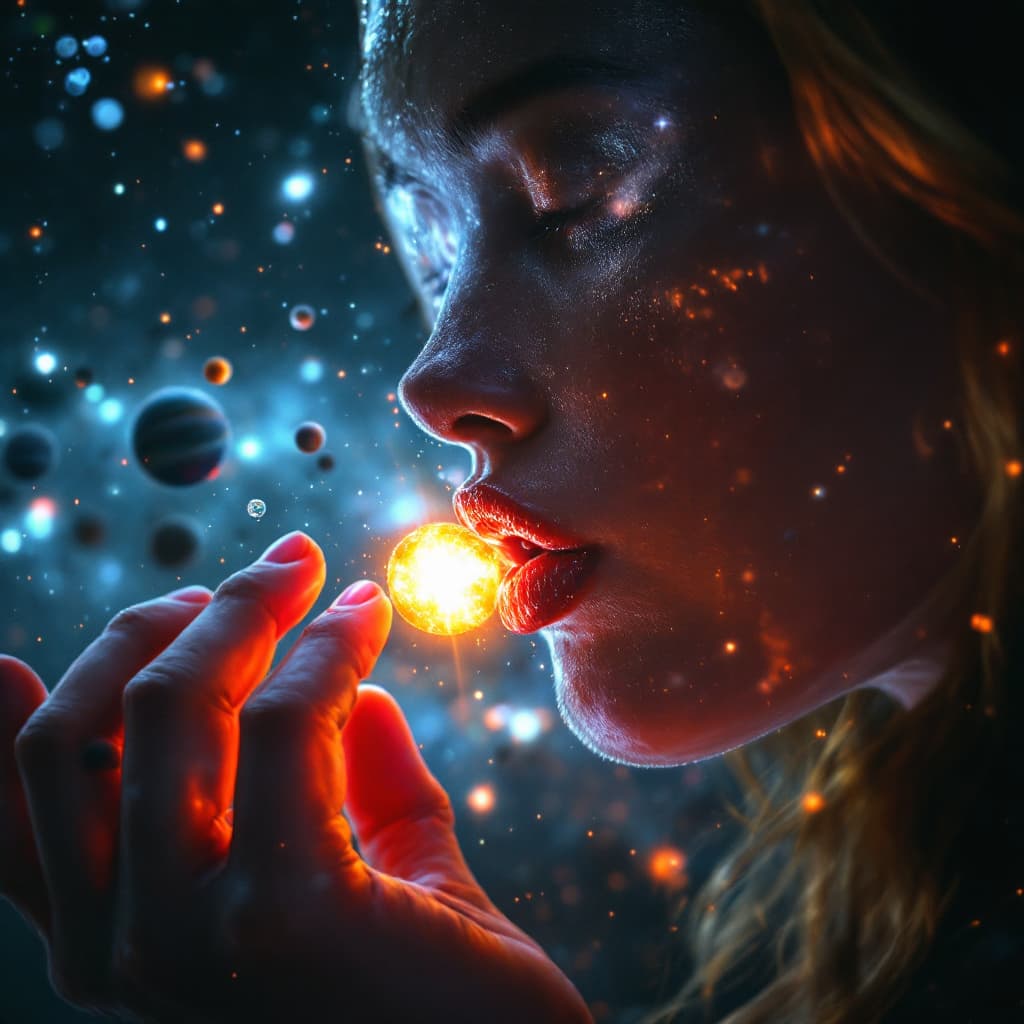 AI generated: enormous giantess captain marvel
bigger than a galaxy puckered lips floating in space, minuscule gal...