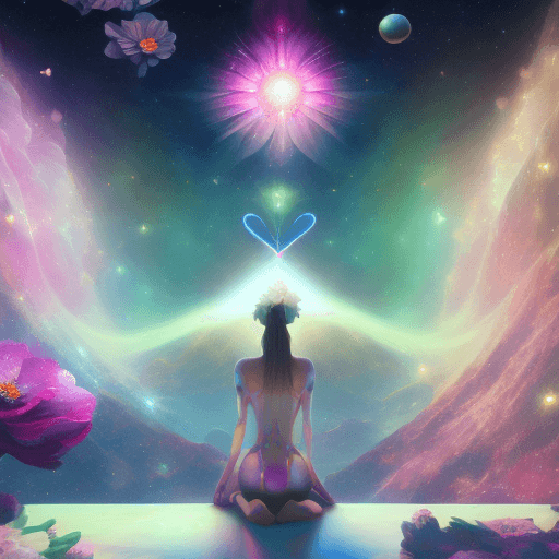 AI generated: A woman in sad pose in a cosmic place to loneliness on 12 petals heart chakra stellar meditations on...