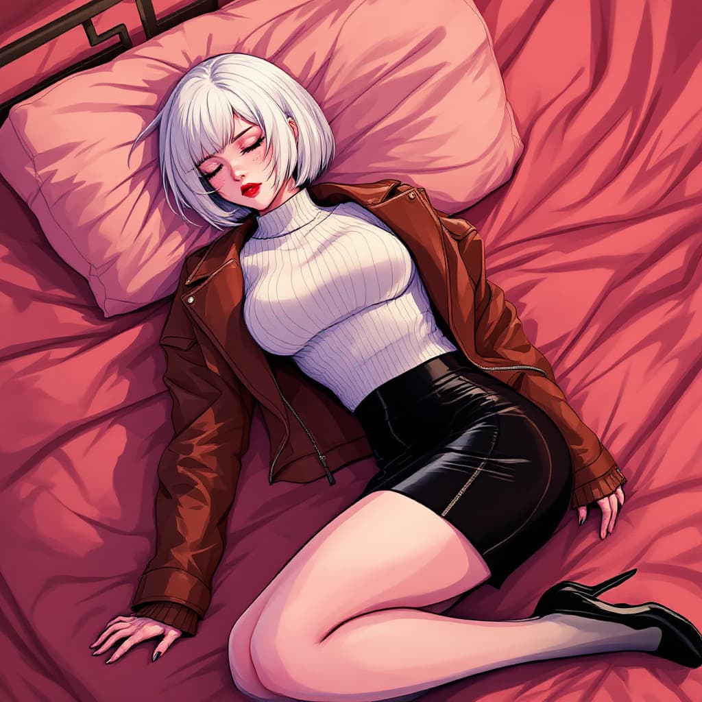 AI generated: anime, woman, white hair, bob cut, closed eyes, freckles, red lips, white sweater, tight sweater, sh...