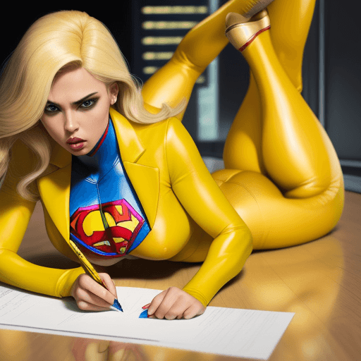 AI generated: Superheroine, tight suit, big lips, dazed, yellow suit, blonde hair, picking up a pen from the floor