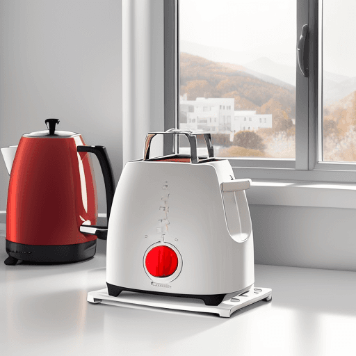 AI generated: A white ceramic four-slice toaster, IDEA design award winner, Red Dot design award winner, in a slee...