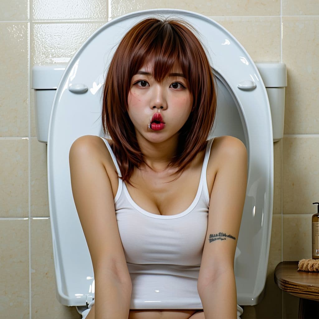 AI generated: Bimbo girl in toilet, huge nipples, huge O shaped lips, smegma, prolapses.