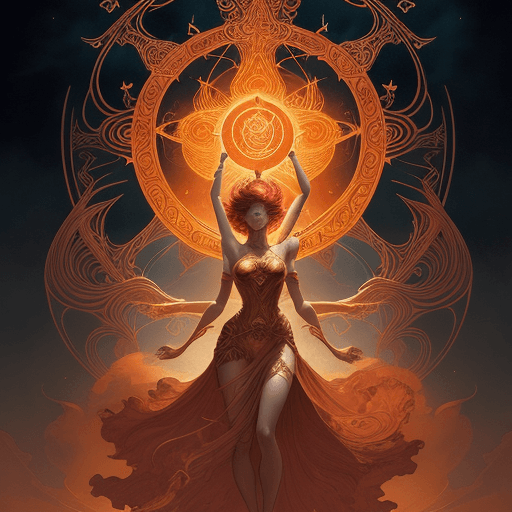 AI generated: goddes of the sun, beautiful, Character design, stunning, red golden dress, whirling with power in t...