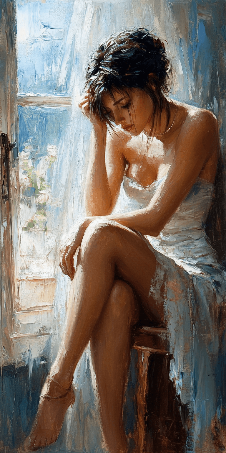 AI generated: a painting of a woman sitting near a window, in the style of beautiful women, playfully intricate, h...
