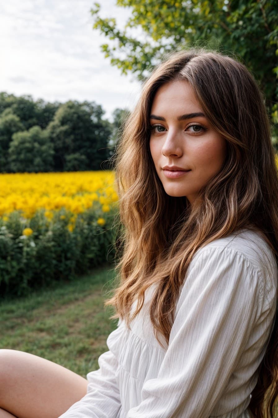 AI generated: photo of a beautiful farm girl in a white cotton dress with blue jeans, with long hair gently blowin...