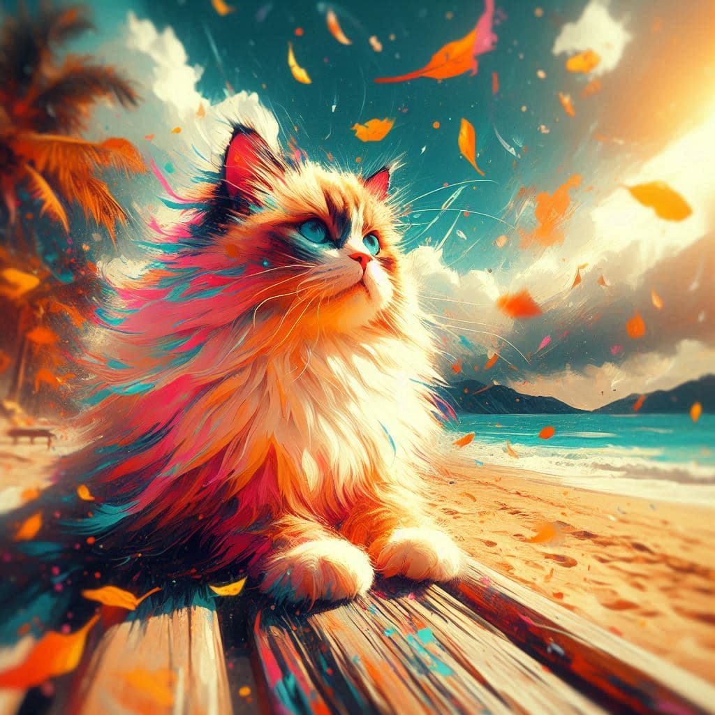 AI generated: aesthetic, painterly style, modern ink, urbanpunk, high ground angle shot of white ragdoll cat on a ...