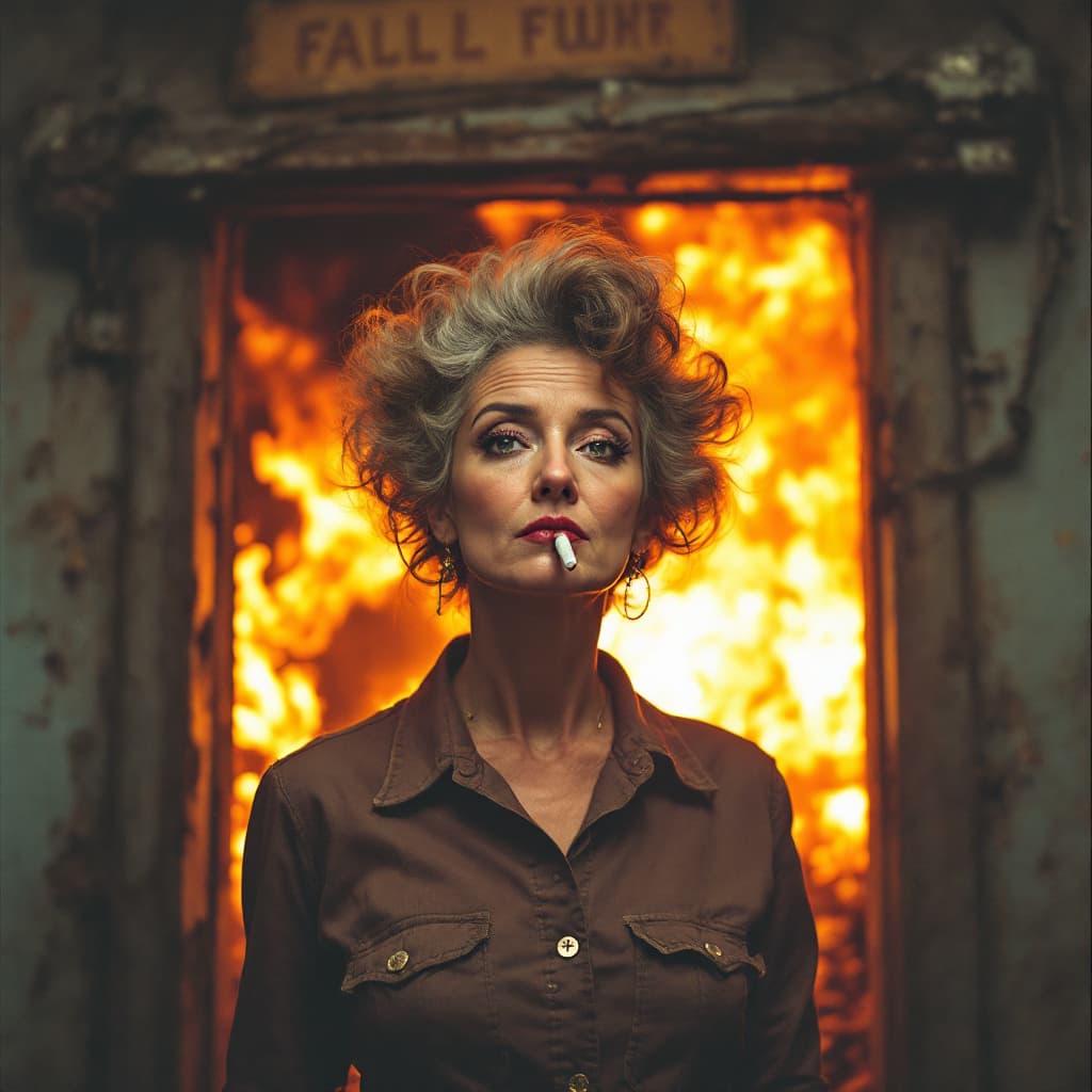 AI generated: Create a vintage 195's image with the iconic 1950's color scheme depicting an older woman with crazy...
