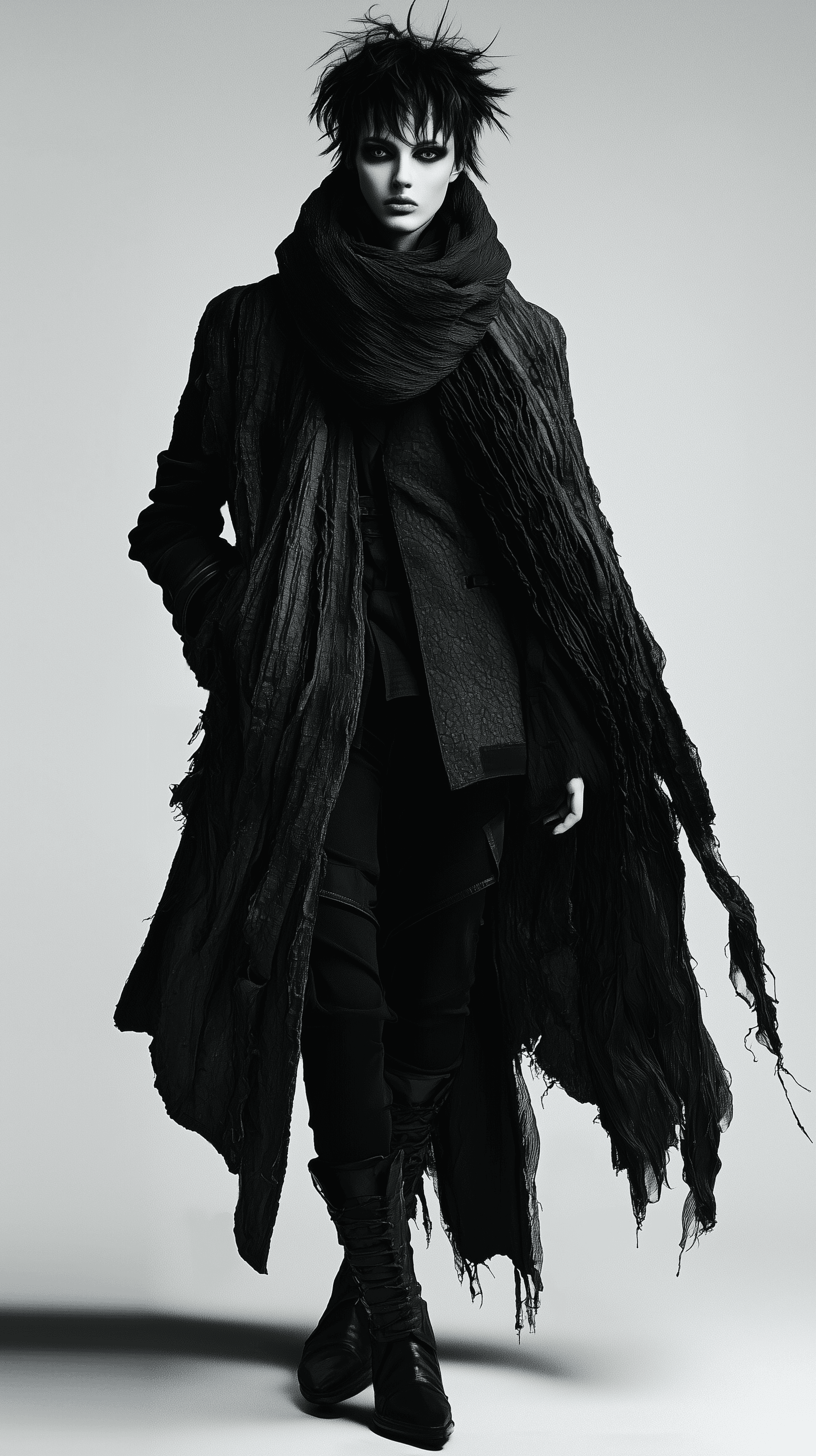 AI generated: editorial resolution fashion portrait, full body, front view, androgynous model with pale skin and b...