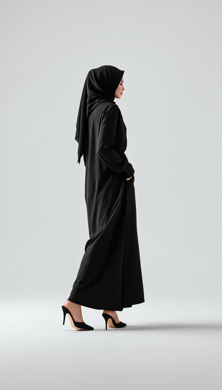 AI generated: a modern very real woman in a hijab looking at the carpet on the floor white background woman standi...