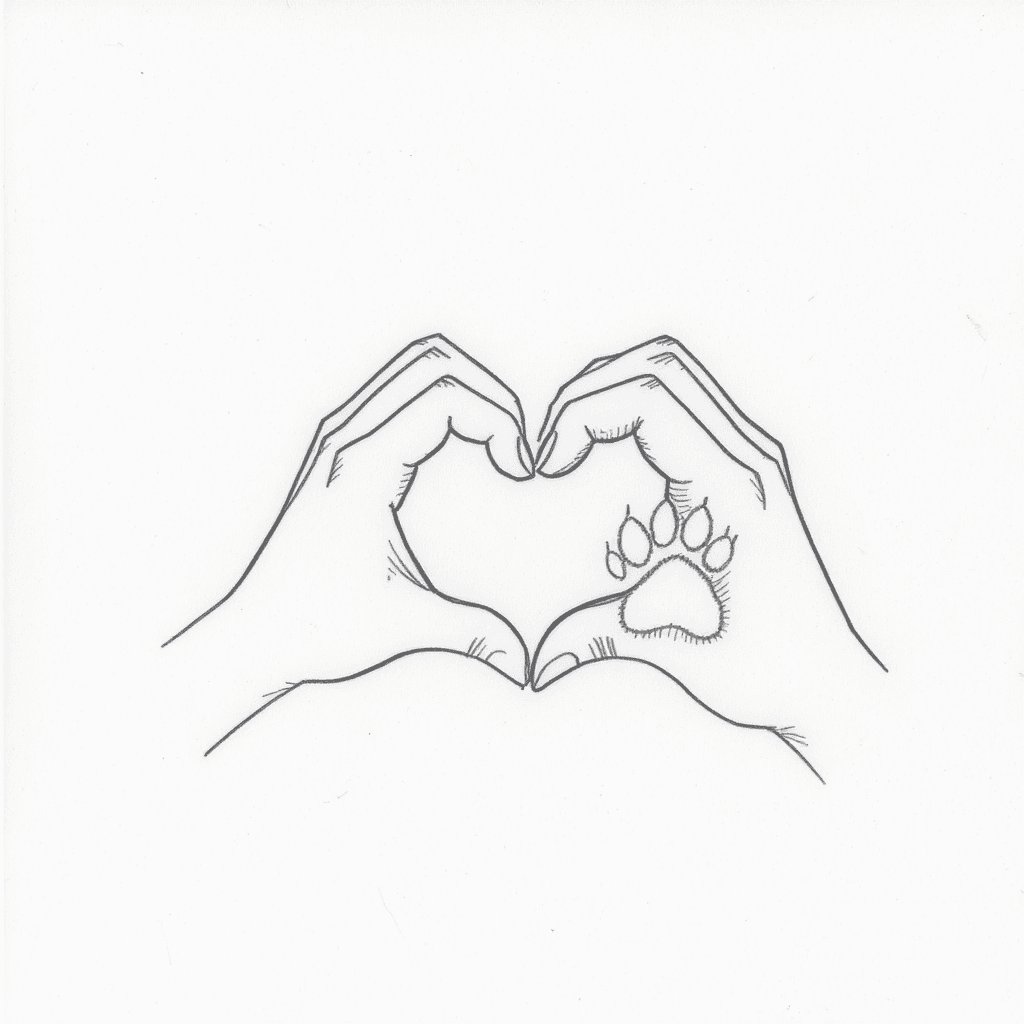 AI generated: simple black and white line art drawing of a human hand and a dog paw, forming a heart shape, on a w...