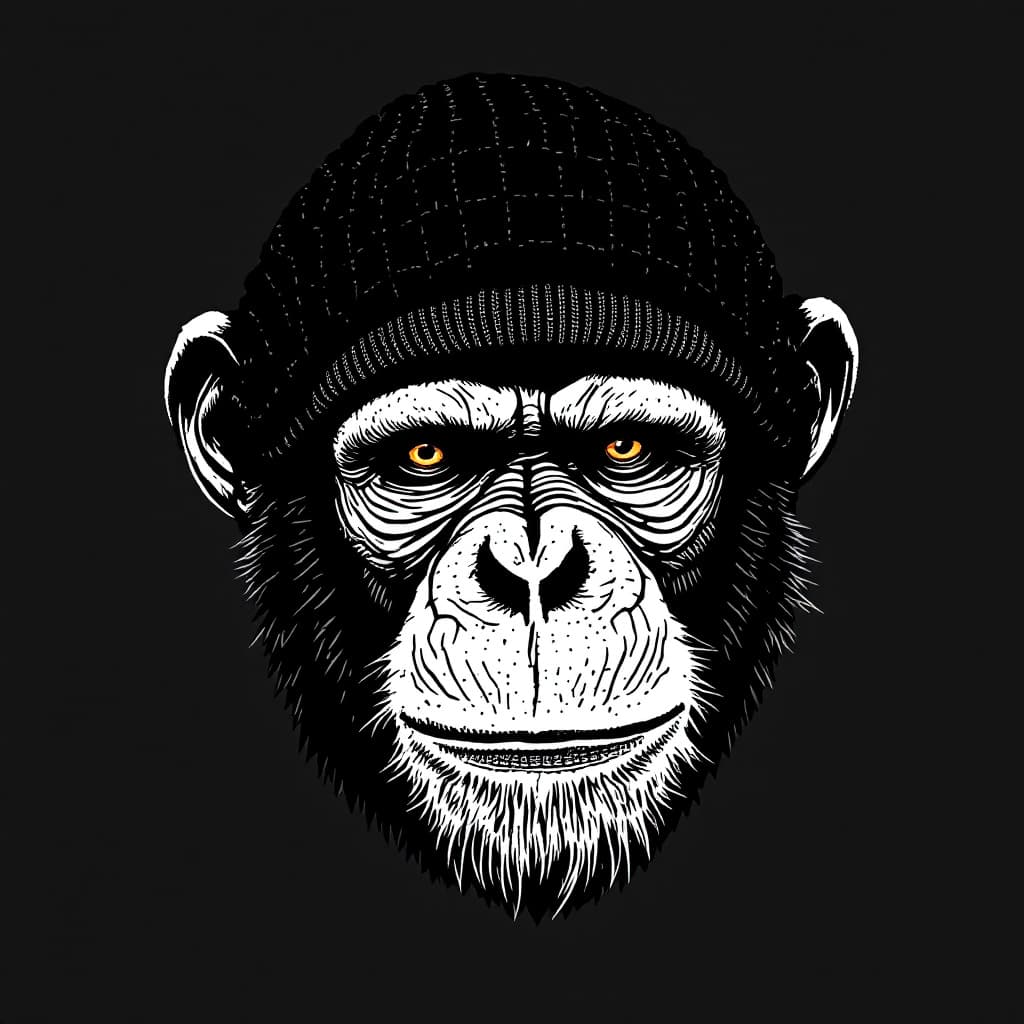 AI generated: chimpanzeeface, drawn in flat white ink on a ribbed knit balaklava (3-holes skimask)