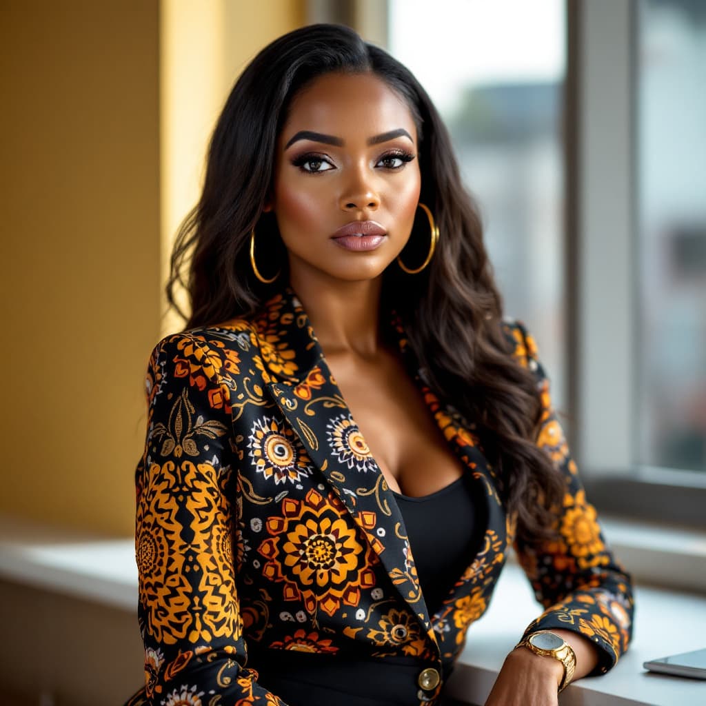 AI generated: professional female portrait, African features, contemporary ankara-print blazer, black pencil skirt...