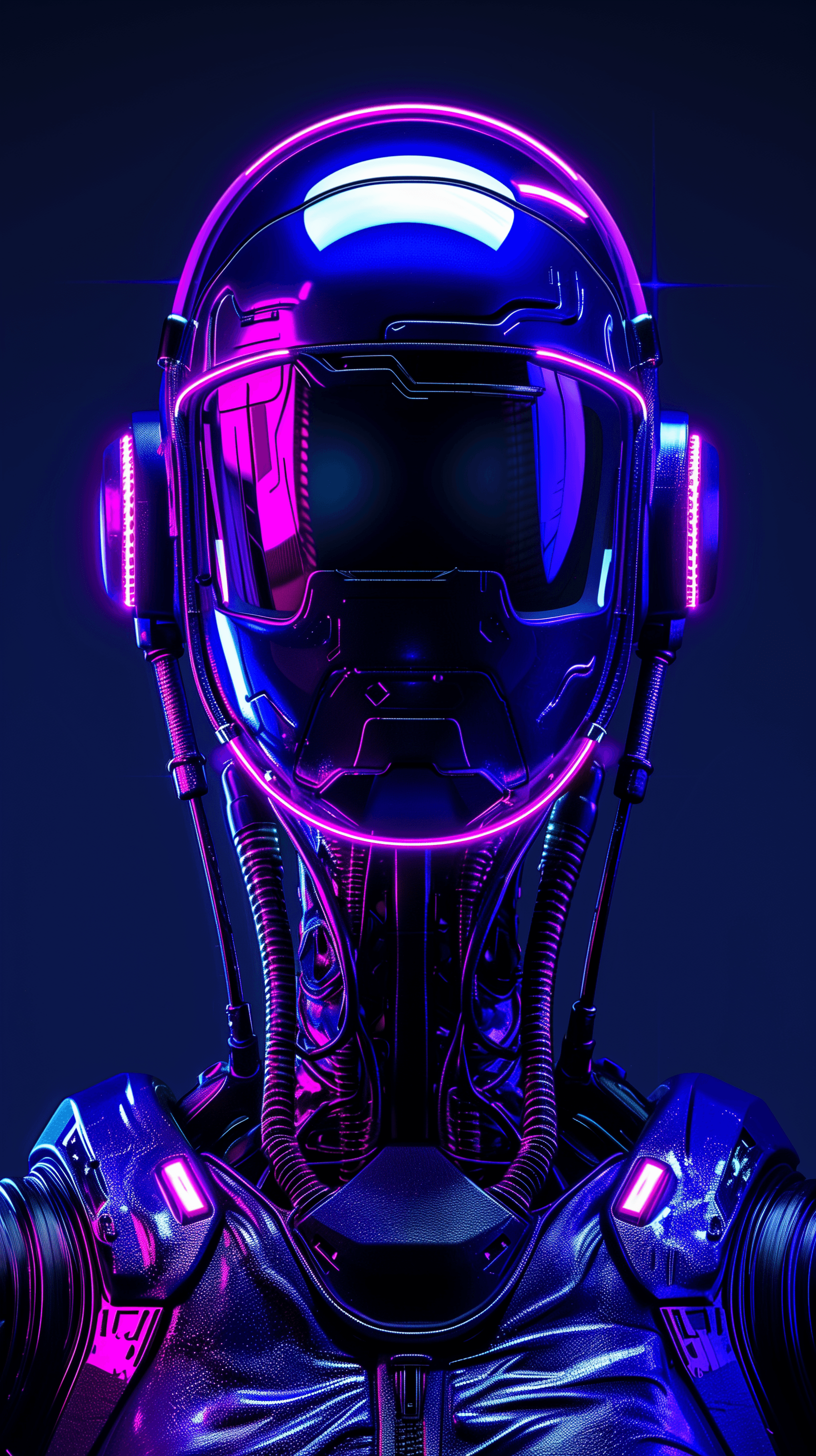 AI generated: photorealistic, front view, upper-body, neon glow robot, deep purple and blue, isolated on a dark ba...