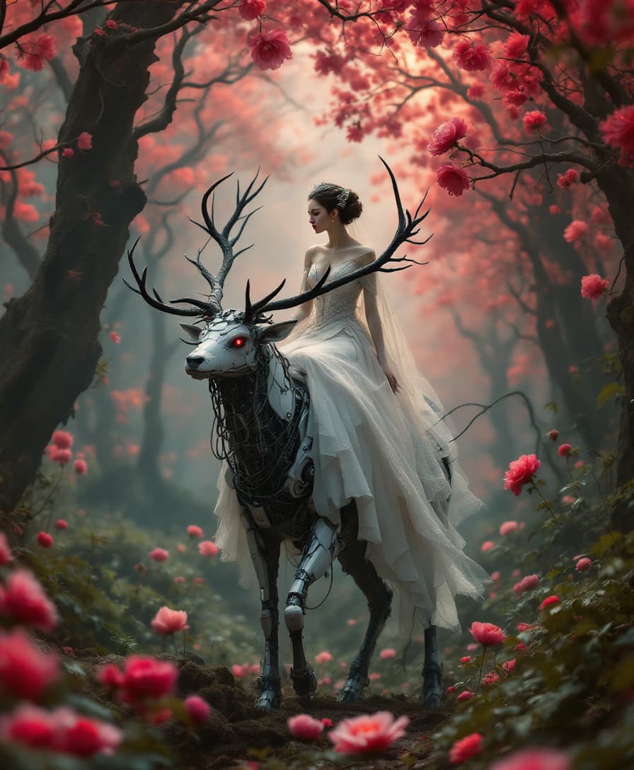 AI generated: #mjbest_avantgarde
An avant-garde photo depicts a bride riding on her wired mechanized stag, wanderi...