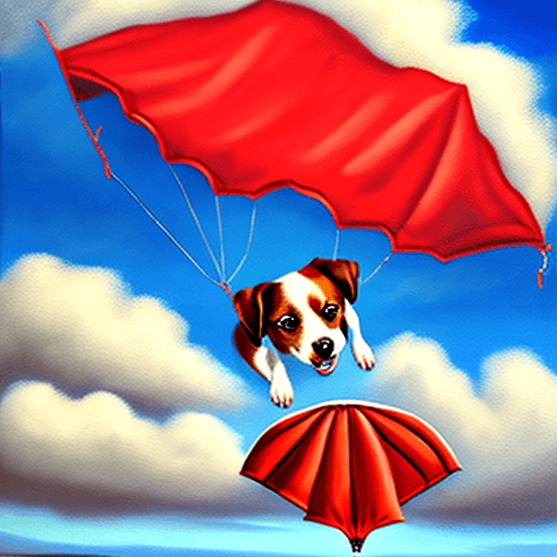 AI generated: Falling happy dog attached to a red parachute amidst sunny clouds.
Style: oil painting