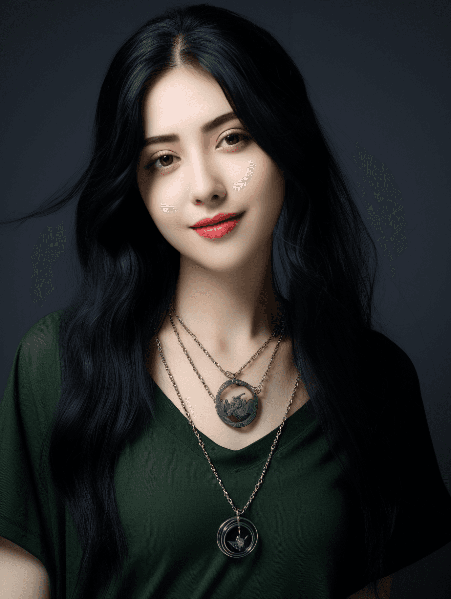 AI generated: a young lady with long black hair posing with a green smiley face, in the style of hallyu, light sil...
