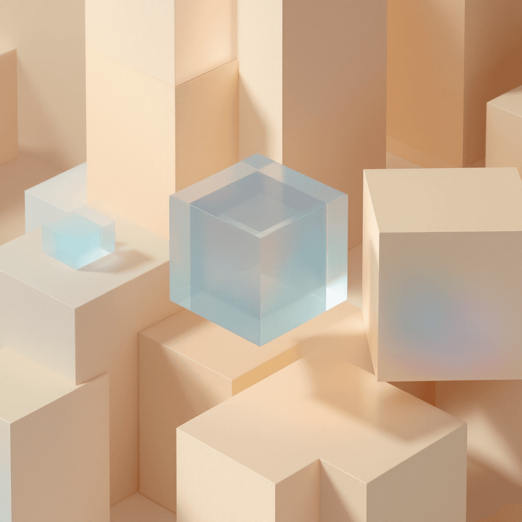 AI generated: 3D geometric shapes composition, translucent cubes, soothing beige and blue tones, smooth texture, t...