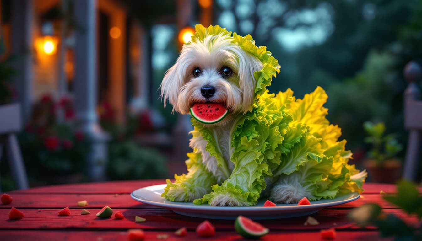 AI generated: Create several lettuce leaves in the shape of a Maltese dog sitting on a plate with a piece of water...