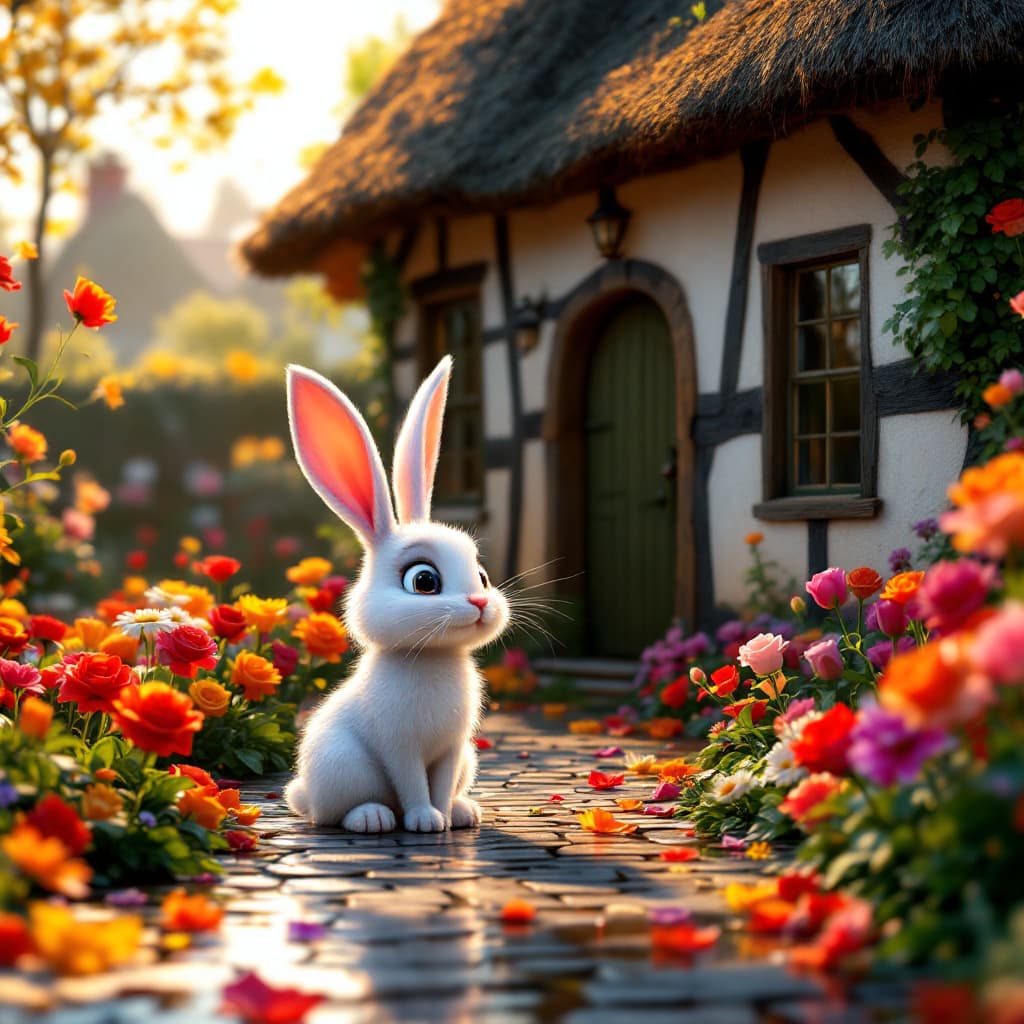 AI generated: A whimsical 3D animated scene depicting a quaint cottage, rendered in a photorealistic style with dy...