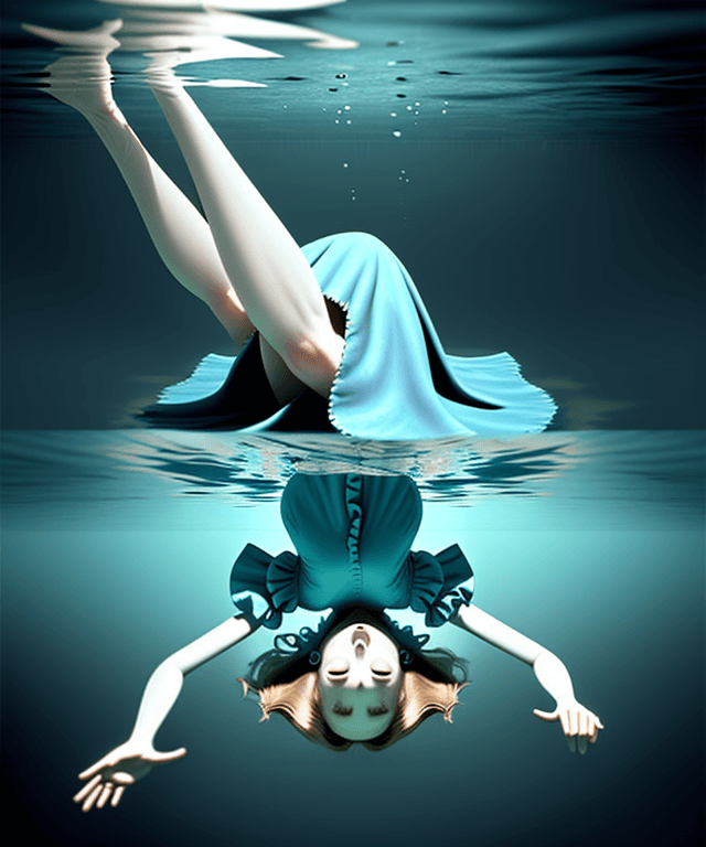 AI generated: alice  floating horizontally under water.
realistic and not creepy
 one arm pointing towards the sur...