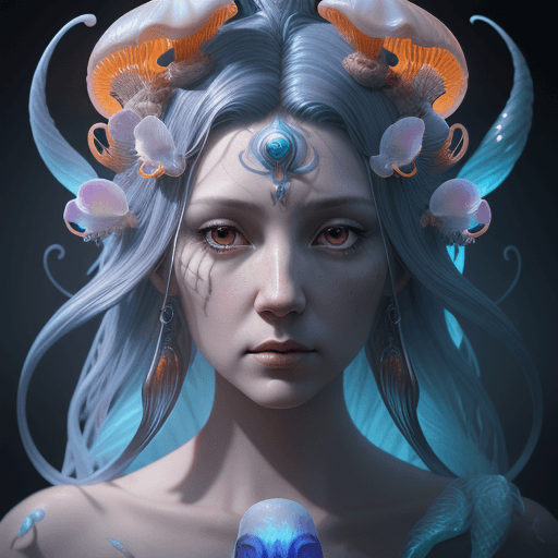 AI generated: Goddess close-up portrait ribcagel. jellyfish phoenix head, nautilus, orchid, skull, betta fish, bio...